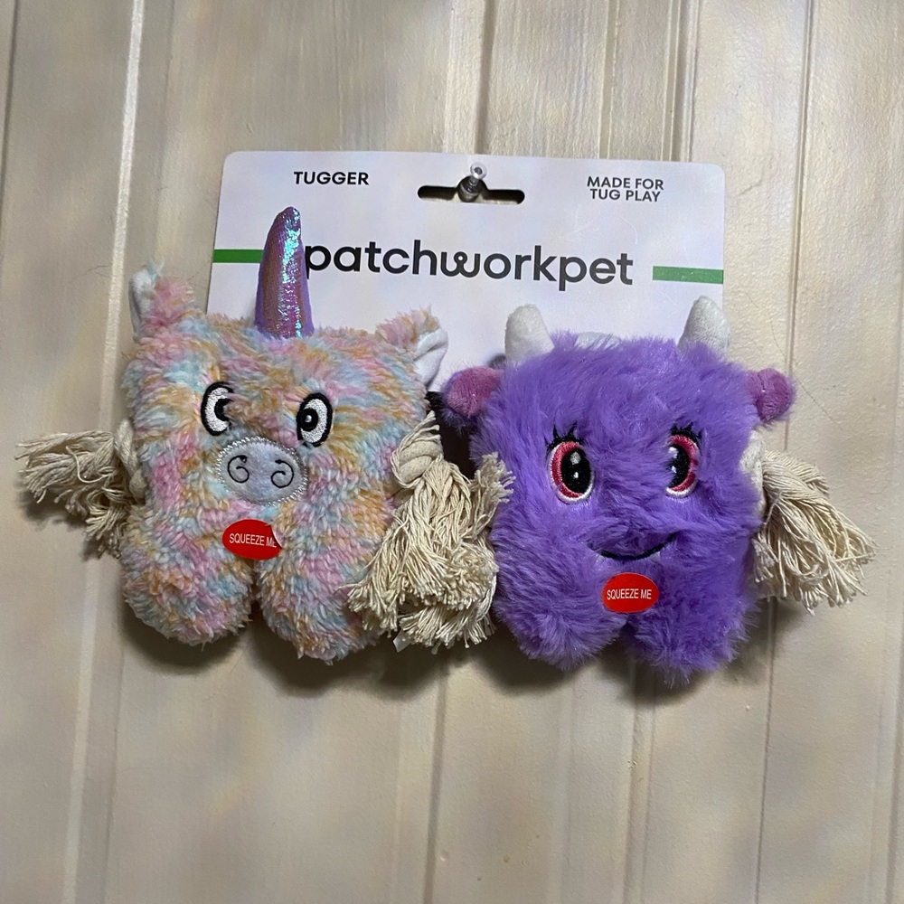 Patchwork Valentines Greybar Purple Unicorn Dragon Duo 6''  Squeaky Rope Dog Toy